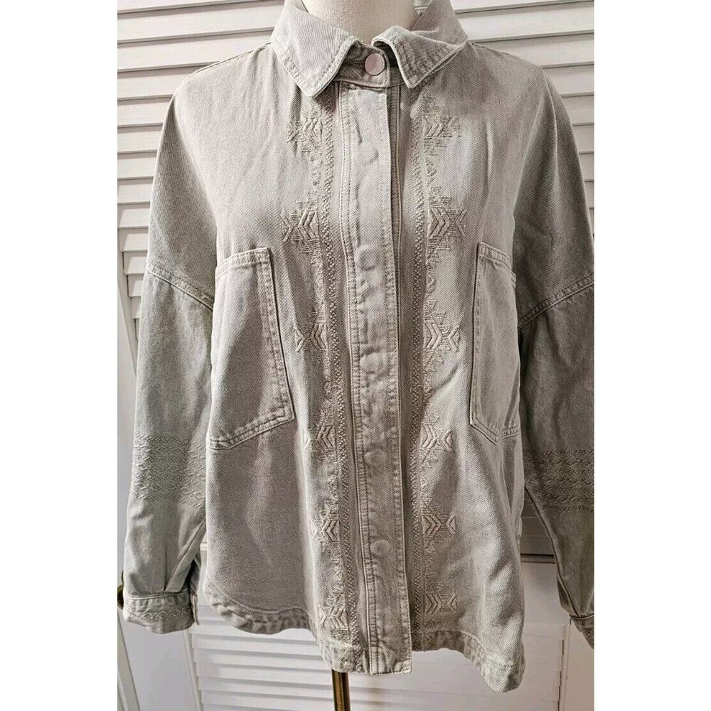 Anthropologie Dear John Denim Jacket Medium Gray‎ Shirt Shacket Embroidered WOW